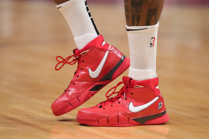 Miami Heat forward P.J. Tucker wears the Nike Kobe 1 Protro 'DeRozan' sneakers against the Atlanta Hawks on April 28, 2022.